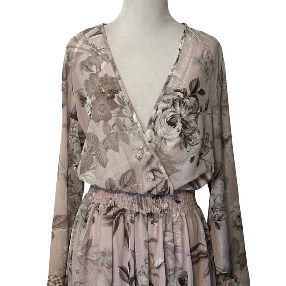 Alexa B Nites NEW Floral Shimmery Maxi Dress Womens Sz 14 Lavender Smocked Long - Picture 2 of 8